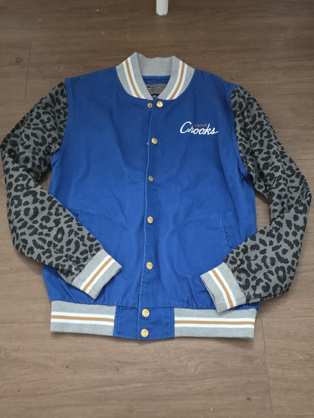 Crooks & Castles Blue Jacket with Gray Leopard Sleeves